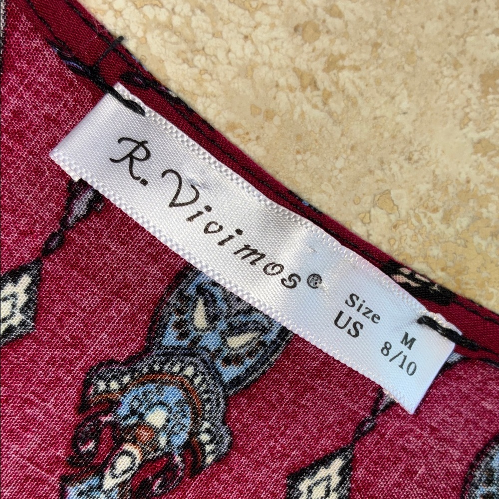 R. VIVIMOS Dress, Women's, M, EUC, Red & Blue Maxi, Buttons, Drawstring Waist. - Picture 10 of 15